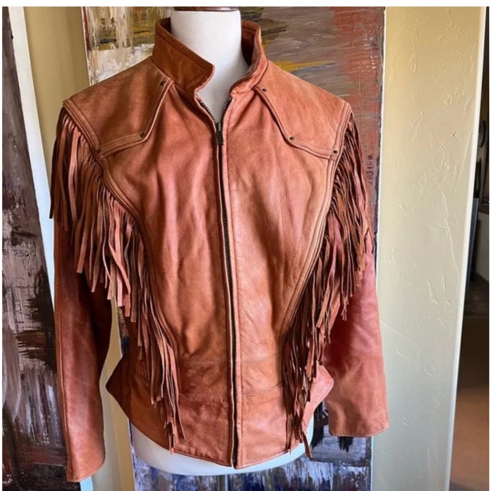 Wilson’s Adventure Bound Vintage Cognac Leather Jacket Fringe size L Western